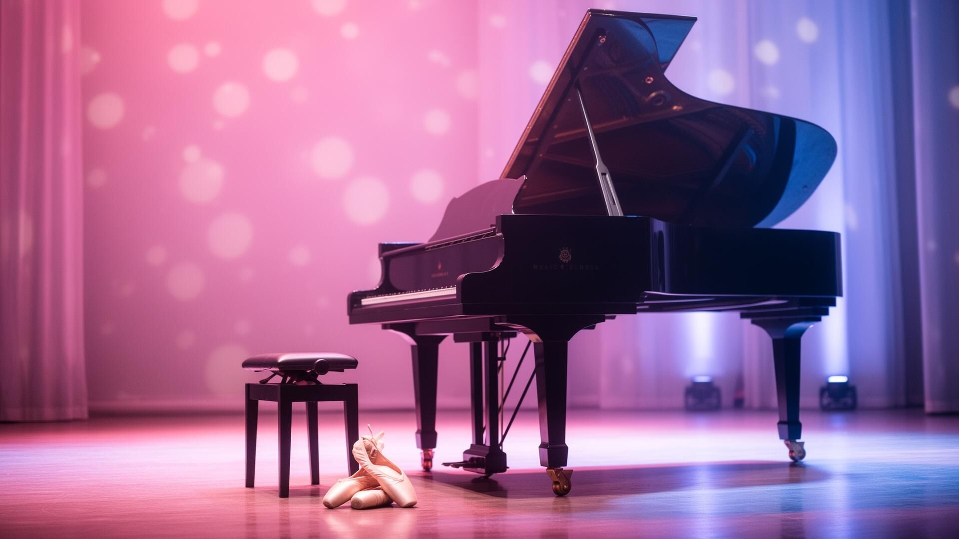 Piano de cauda e sapatilhas de ballet sob luz cênica